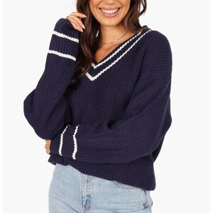 Petal & Pup Leanna Stripe Trim Navy Knit Sweater Size M
